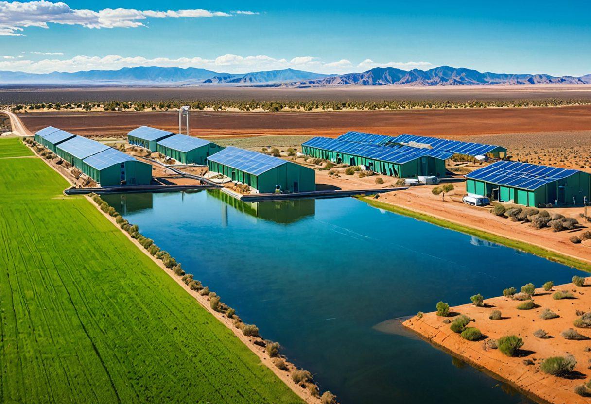 A futuristic landscape of New Mexico showcasing advanced water management technologies: sleek, solar-powered water treatment plants, smart irrigation systems in vibrant green fields, and drones monitoring water resources from the sky. The background features arid desert transitioning into lush, cultivated lands. Mixed media art style. Vibrant colors.
