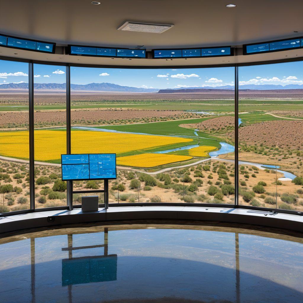 A futuristic water management control center in New Mexico, with advanced digital dashboards showing real-time data, remote-controlled irrigation systems, and AI-driven predictions on a giant screen. Scenic New Mexico landscape visible through large glass windows, blending technology and nature. super-realistic. vibrant colors. high-tech aesthetics.