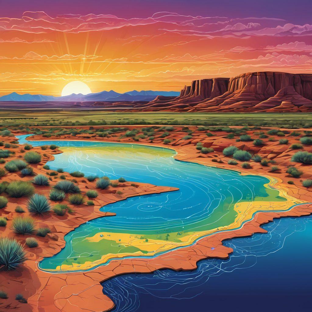 A scenic depiction of New Mexico's diverse landscape with a web of digital connections linking various water bodies like rivers, reservoirs, and wells. Modern technology icons, such as sensors and data charts, are subtly integrated, symbolizing web-based conservation efforts. The backdrop showcases majestic mesas and vibrant sunsets. vector art. vibrant colors.